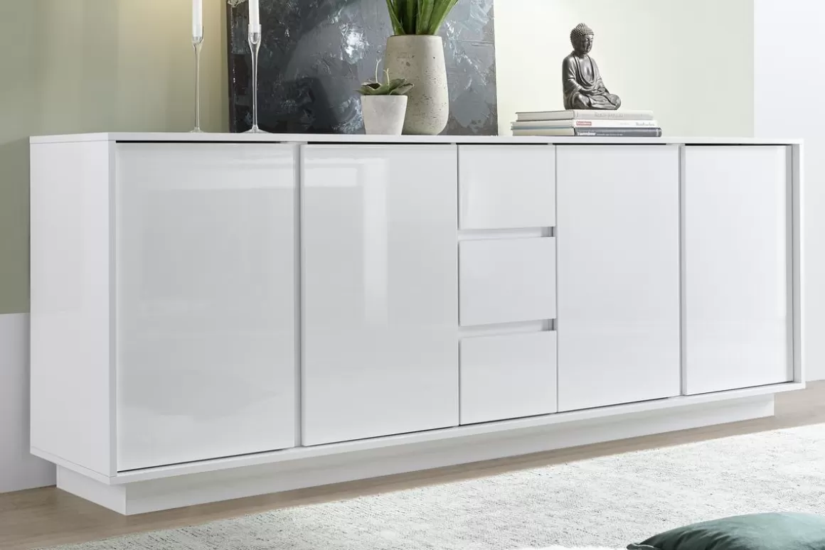 Miliboo Design-Sideboard 4-türig mit 3 Schubladen weiße Hochglanz-Lackierung B 210 cm COMO