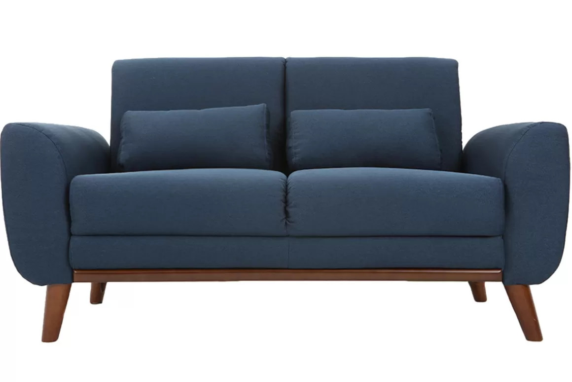 Miliboo Design-Sofa 2 Plätze Stoff Blau und Füße Nussbaum EKTOR