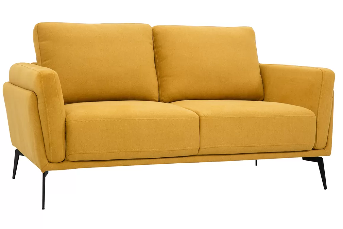 Miliboo Design-Sofa im senfgelbem Samtdesign mit schwarzem Metallfuß 2-Sitzer MOSCO