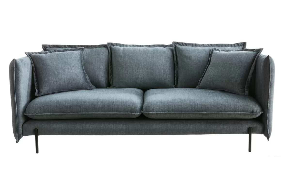 Miliboo Design-Sofa 3/4-Sitzer in blaugrauem Veloursstoff und schwarzem Metall ALMAR