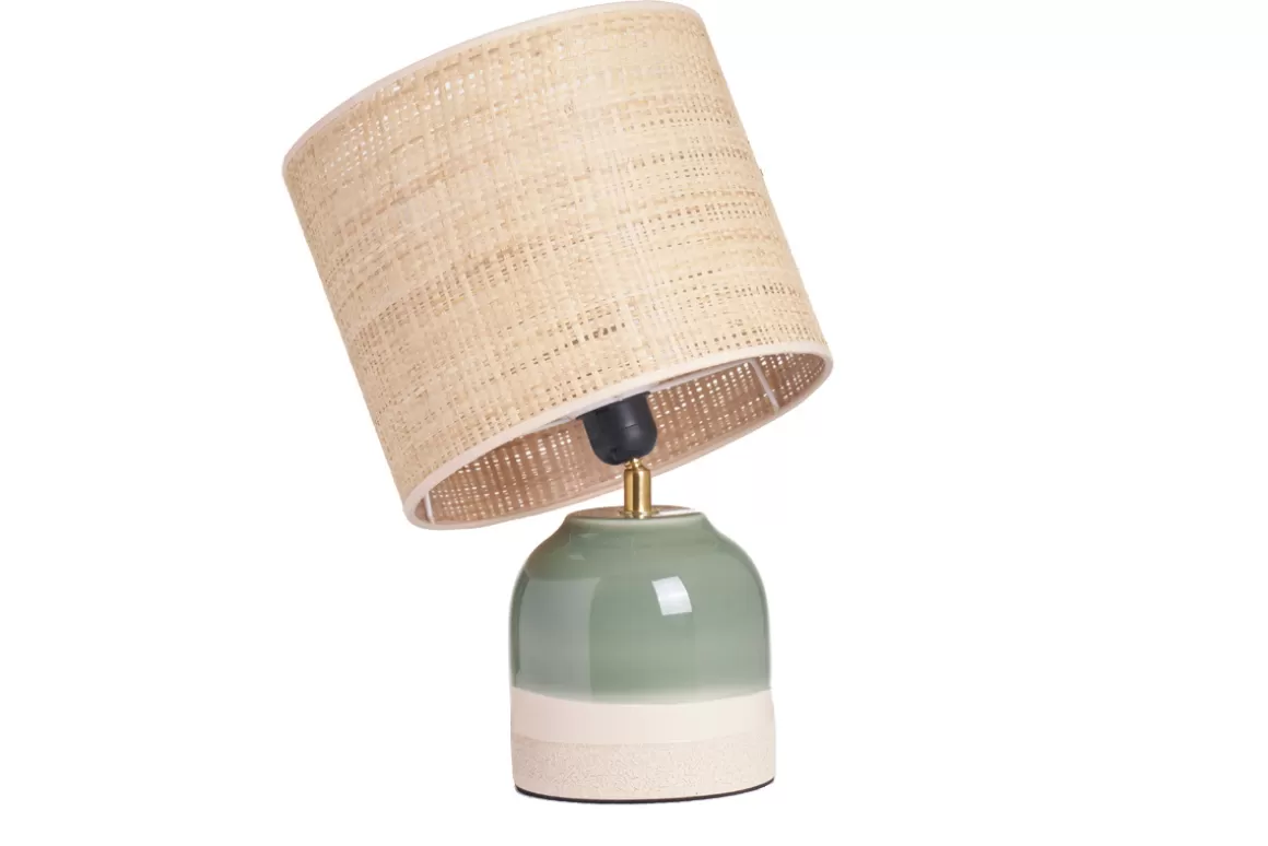 Miliboo Grüne Keramiktischlampe mit Rattanlampenschirm H35 cm PIEGA