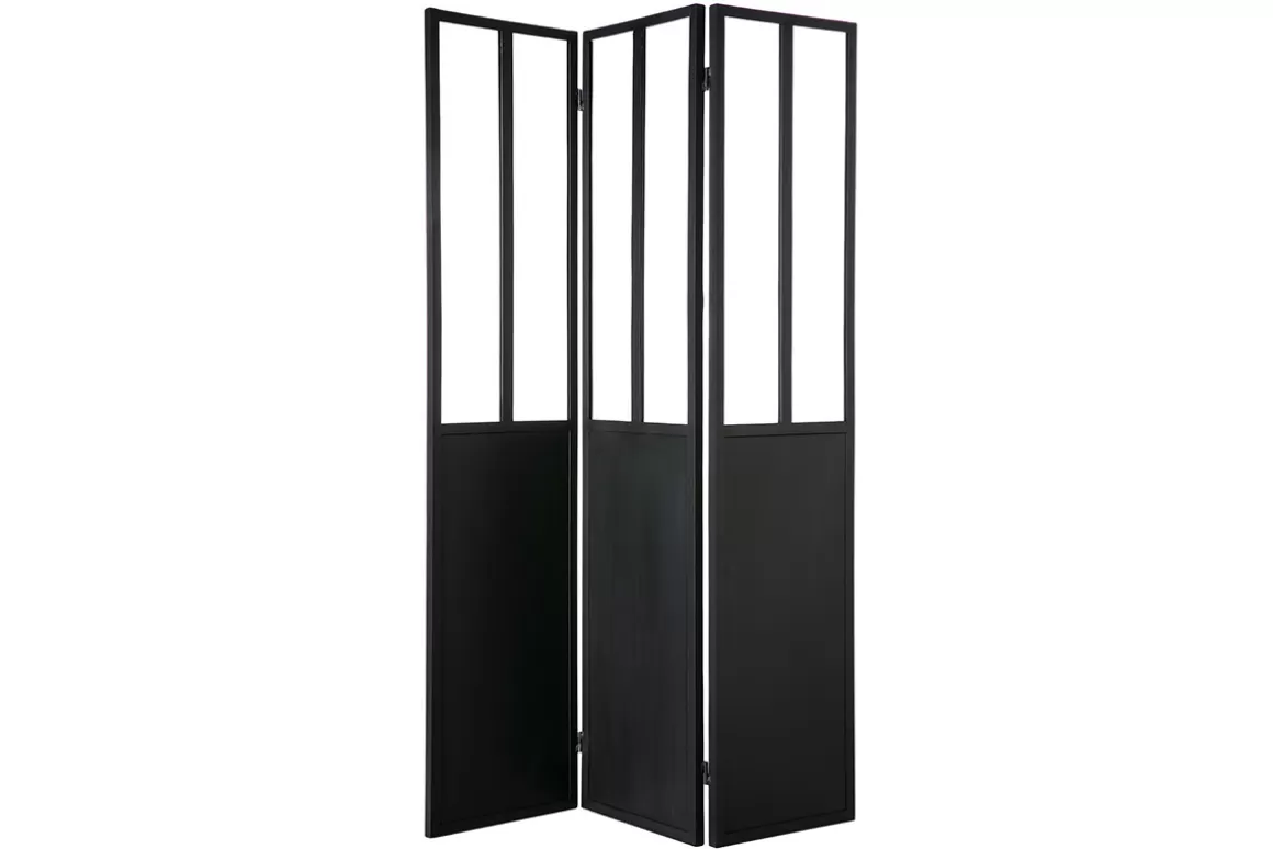 Miliboo Paravent aus Metall Schwarz und Glas 3 Flügel RACK