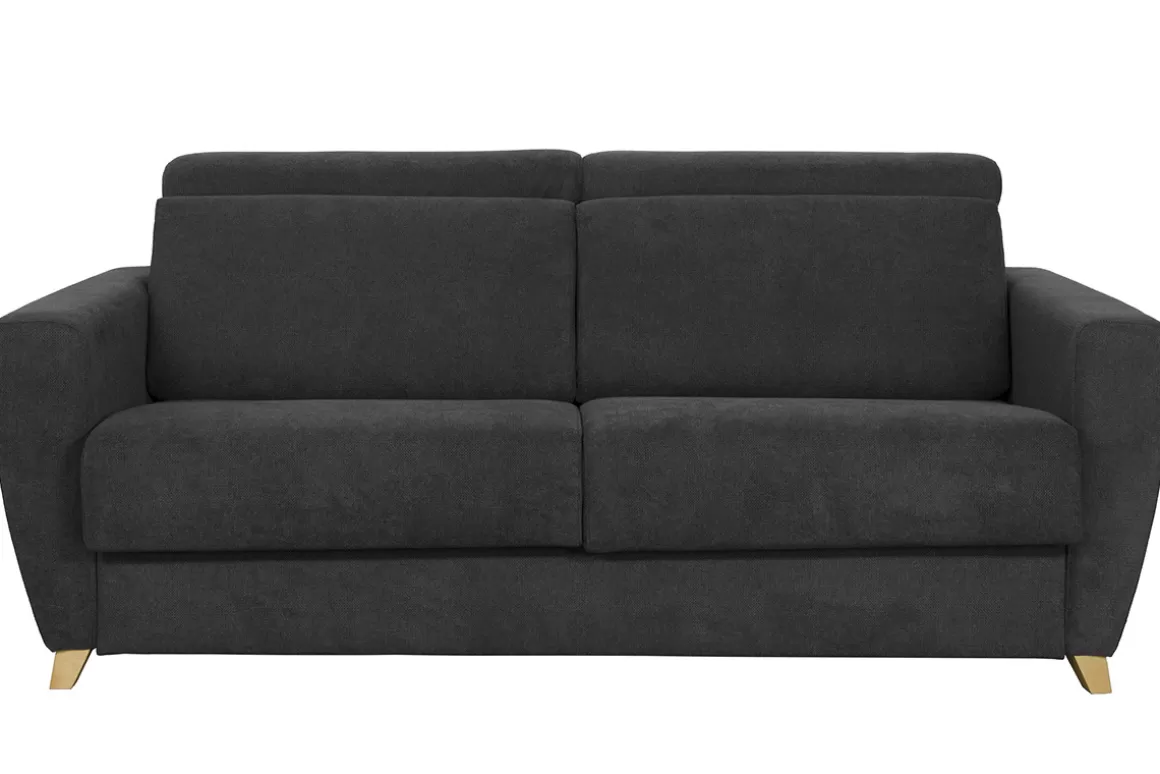 Miliboo Schlafsofa Matratze verstellbare Kopfstücke anthrazitgrauer Samt 140x190 cm GOYA