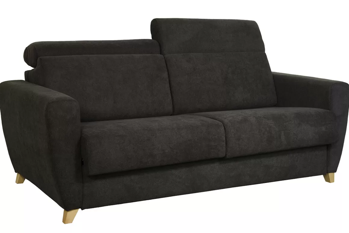 Miliboo Schlafsofa Matratze verstellbare Kopfstücke anthrazitgrauer Samt 140x190 cm GOYA