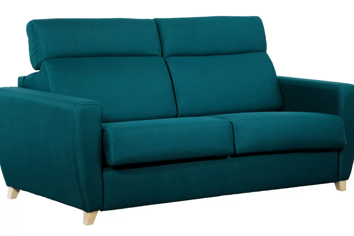 Miliboo Schlafsofa verstellbare Kopfstütze pfauenblau 140x190 cm GOYA