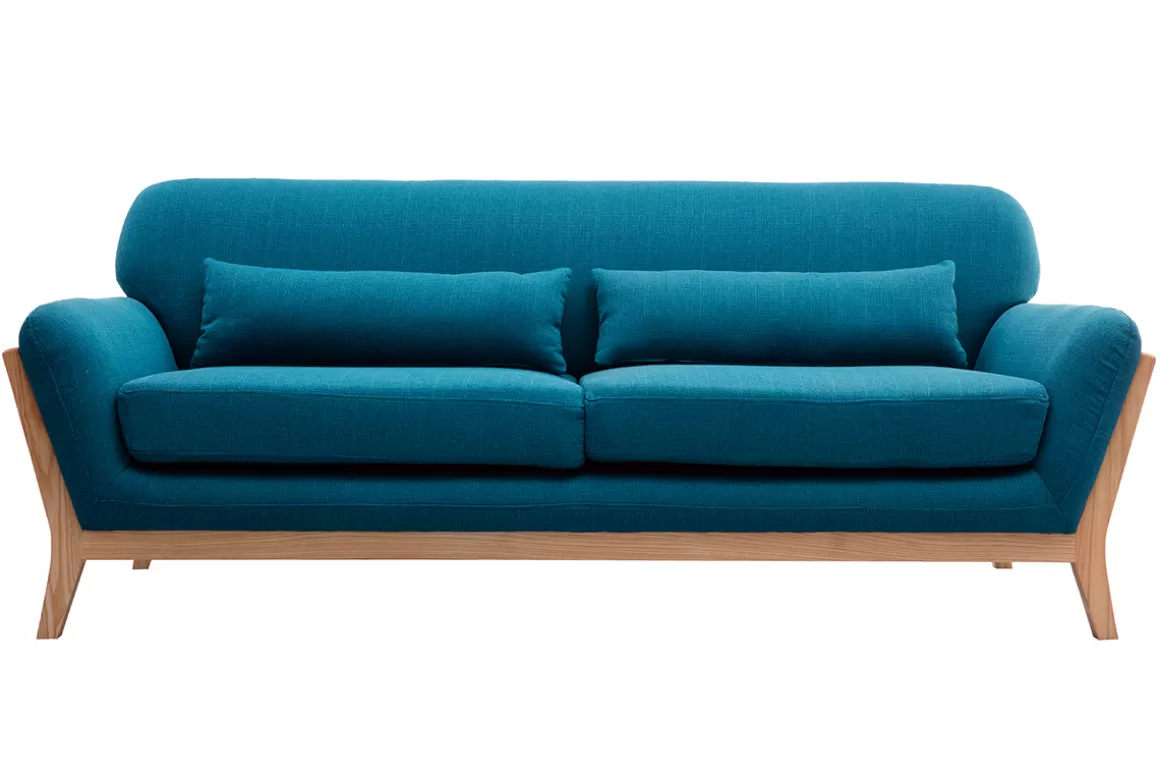 Miliboo 3-Sitzer Sofa mit Holzfüßen in Entenblau skandinavisches Design YOKO