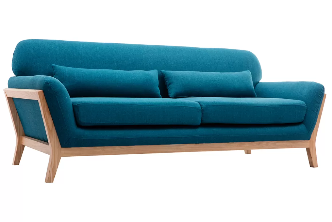 Miliboo 3-Sitzer Sofa mit Holzfüßen in Entenblau skandinavisches Design YOKO