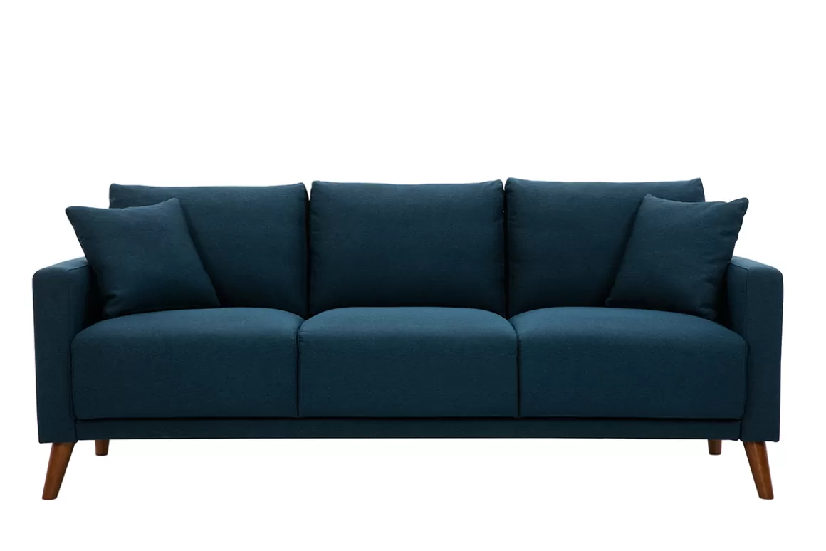 Miliboo 3-Sitzer-Sofa mit dunkelblauem Stoff und dunklem Holz MUNIK