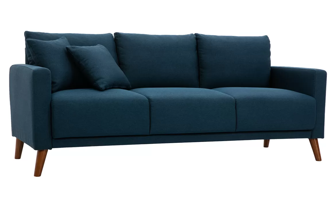 Miliboo 3-Sitzer-Sofa mit dunkelblauem Stoff und dunklem Holz MUNIK