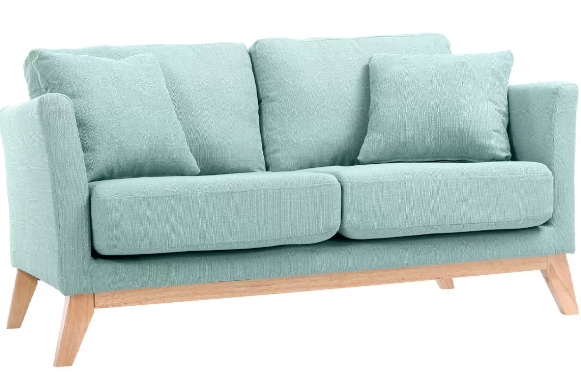 Miliboo Sofa skandinavisch 2 Plätze Lagunenblau und helle Holzbeine OSLO