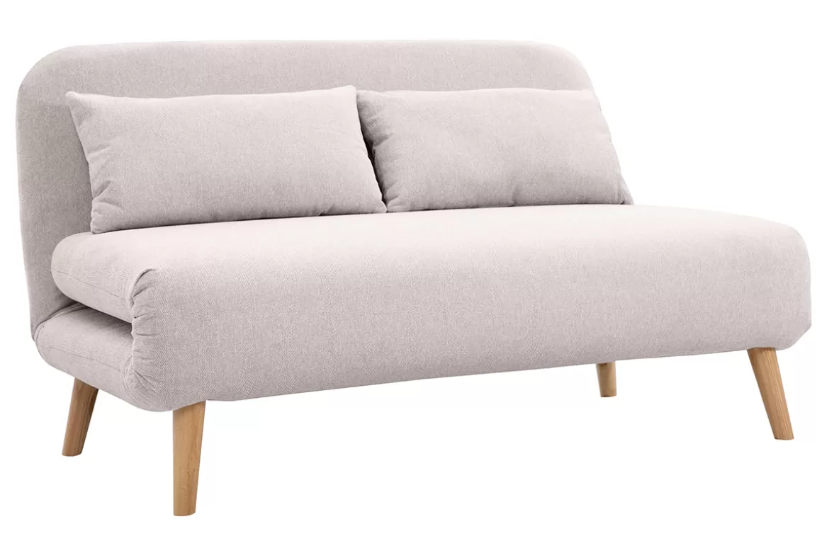 Miliboo Zweisitzer-Schlafsofa aus beigem Textur-Veloursstoff und hellem Holz AMIKO